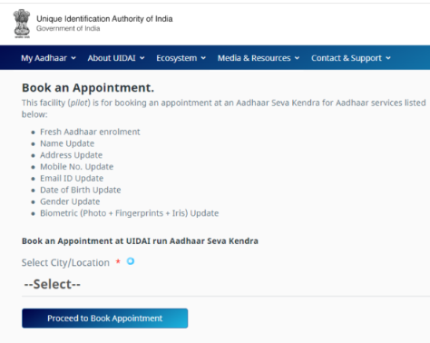 E Aadhaar card book appointment