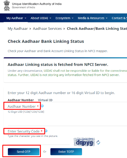 check adhaar bank linking status